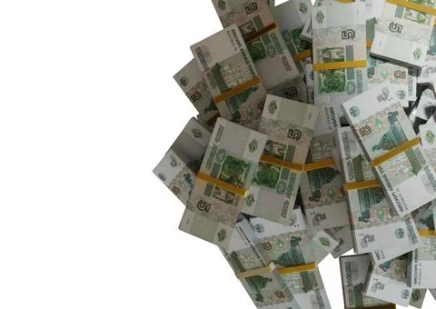 Stack Russian cash or banknotes of Rusia rubles scattered on a white backgrou Illustrazione stock