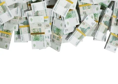 Stack Russian cash or banknotes of Rusia rubles scattered on a white backgrou Stock Illustration