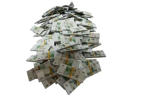 Stack Russian cash or banknotes of Rusia rubles scattered on a white backgrou Stock Illustration