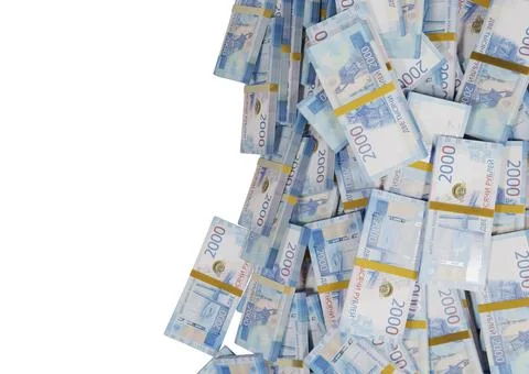 Stack Russian cash or banknotes of Rusia rubles scattered on a white backgrou Illustrazione stock