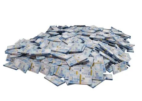 Stack Russian cash or banknotes of Rusia rubles scattered on a white backgrou Illustrazione stock