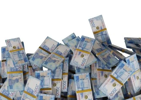 Stack Russian cash or banknotes of Rusia rubles scattered on a white backgrou Stock Illustration