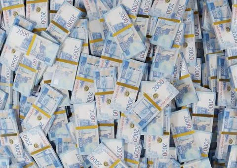 Stack Russian cash or banknotes of Rusia rubles scattered on a white backgrou Stock Illustration