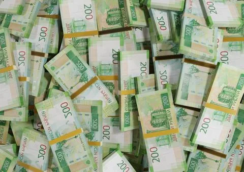 Stack Russian cash or banknotes of Rusia rubles scattered on a white backgrou Stock Illustration