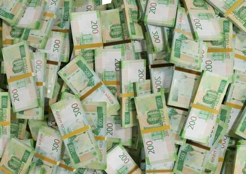 Stack Russian cash or banknotes of Rusia rubles scattered on a white backgrou Illustrazione stock