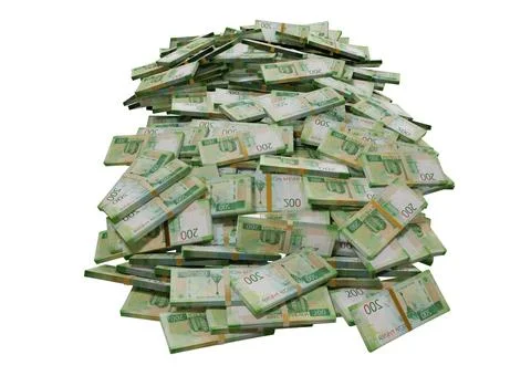 Stack Russian cash or banknotes of Rusia rubles scattered on a white backgrou Illustrazione stock