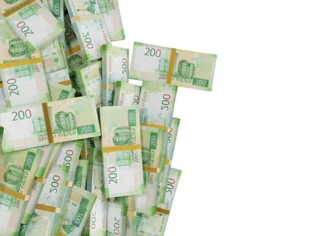 Stack Russian cash or banknotes of Rusia rubles scattered on a white backgrou Stock Illustration