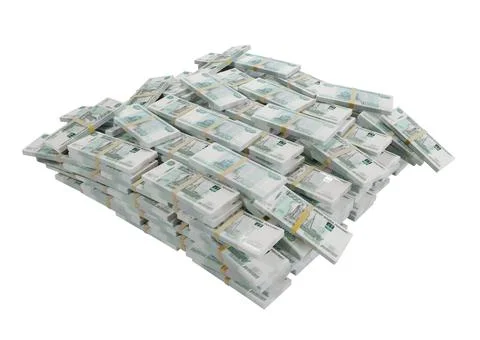 Stack Russian cash or banknotes of Rusia rubles scattered on a white backgrou Stock Illustration