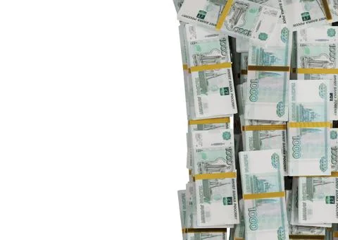 Stack Russian cash or banknotes of Rusia rubles scattered on a white backgrou Stockillustratie