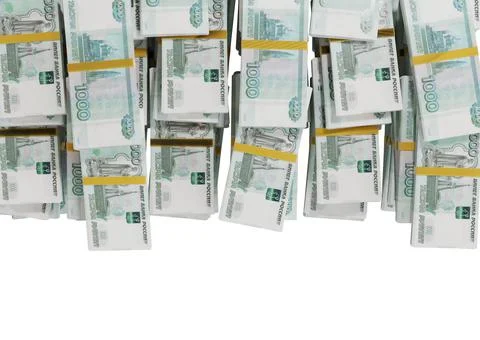 Stack Russian cash or banknotes of Rusia rubles scattered on a white backgrou Stock Illustration