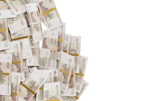 Stack Russian cash or banknotes of Rusia rubles scattered on a white backgrou Stock Illustration