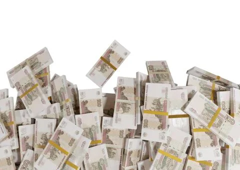 Stack Russian cash or banknotes of Rusia rubles scattered on a white backgrou Stock Illustration