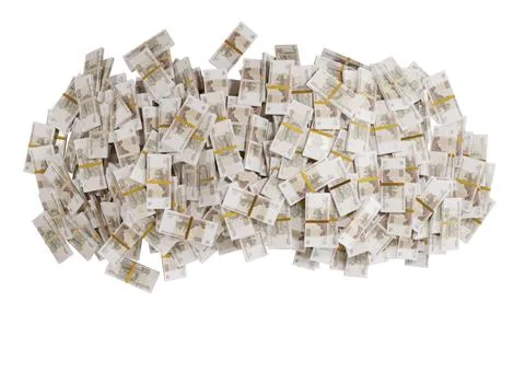 Stack Russian cash or banknotes of Rusia rubles scattered on a white backgrou Illustrazione stock