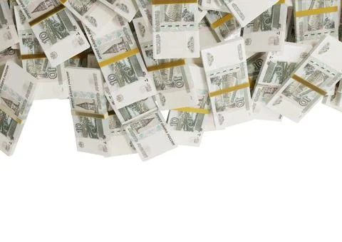 Stack Russian cash or banknotes of Rusia rubles scattered on a white backgrou Stock Illustration