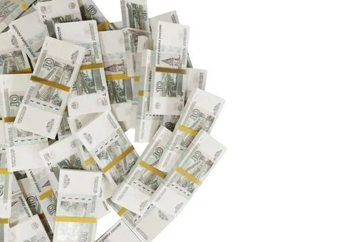 Stack Russian cash or banknotes of Rusia rubles scattered on a white backgrou Stock Illustration