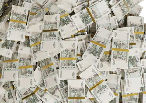 Stack Russian cash or banknotes of Rusia rubles scattered on a white backgrou Stock Illustration