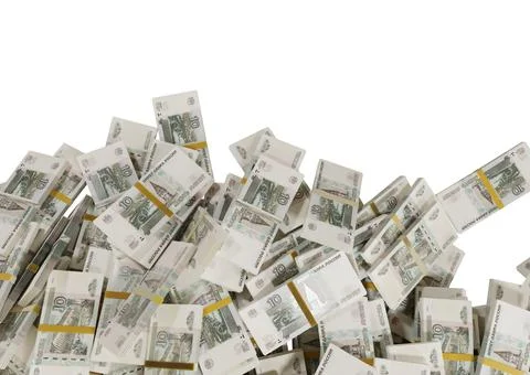 Stack Russian cash or banknotes of Rusia rubles scattered on a white backgrou Stock Illustration