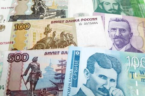Stack of Russian Rubles and Serbian Dinar Stock Photos