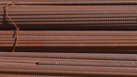 Stack of rusty steel rebar for concrete reinforcement Stock Footage 336177414