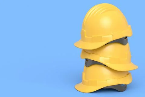 Stack of safety helmets or hard caps for carpentry work on blue background Stock Illustration