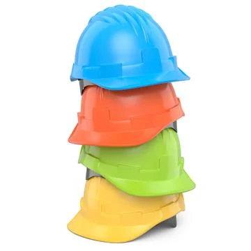 Stack of safety helmets or hard caps for carpentry work on white background Stock Illustration