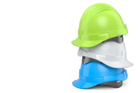 Stack of safety helmets or hard caps for carpentry work on white background Stock Illustration
