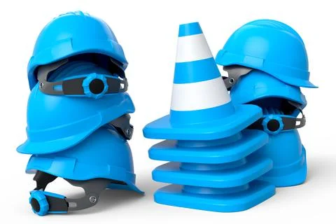 Stack of safety helmets or hard hats and traffic cones on white background Stockillustratie