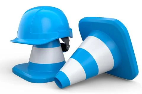 Stack of safety helmets or hard hats and traffic cones on white background Stock Illustration