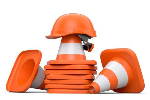 Stack of safety helmets or hard hats and traffic cones on white background Stockillustratie