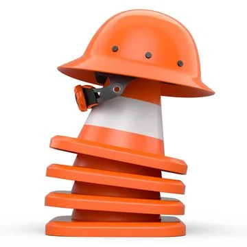 Stack of safety helmets or hard hats and traffic cones on white background Stock Illustration