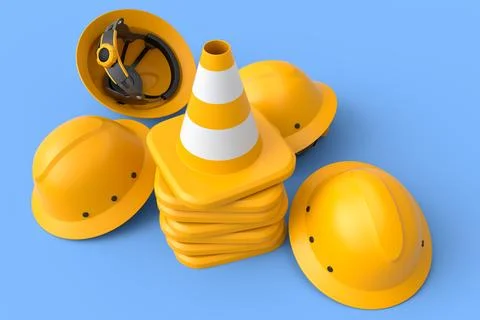 Stack of safety helmets or hard hats and traffic cones on blue background Stockillustratie