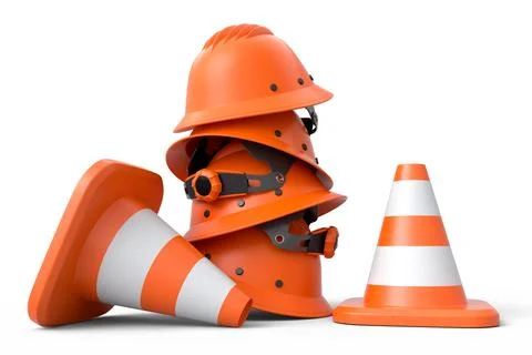 Stack of safety helmets or hard hats and traffic cones on white background 库存插图