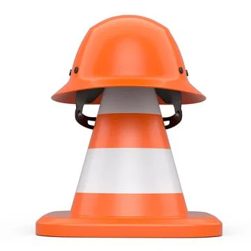 Stack of safety helmets or hard hats and traffic cones on white background Stock Illustration