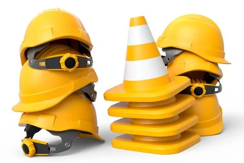 Stack of safety helmets or hard hats and traffic cones on white background Stockillustratie
