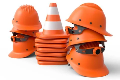 Stack of safety helmets or hard hats and traffic cones on white background 스톡 일러스트