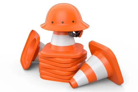 Stack of safety helmets or hard hats and traffic cones on white background 스톡 일러스트
