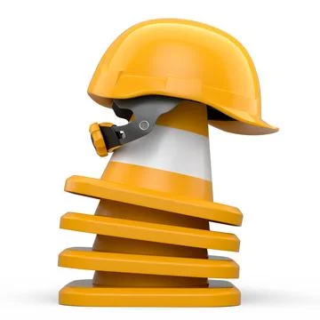 Stack of safety helmets or hard hats and traffic cones on white background Stock Illustration