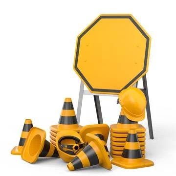 Stack of safety helmets or hard hats and traffic cones on green background 스톡 일러스트