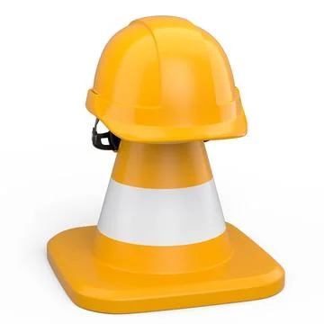 Stack of safety helmets or hard hats and traffic cones on white background Stock Illustration