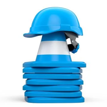 Stack of safety helmets or hard hats and traffic cones on white background 库存插图