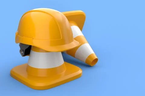 Stack of safety helmets or hard hats and traffic cones on blue background Stock Illustration