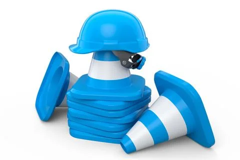Stack of safety helmets or hard hats and traffic cones on white background 库存插图