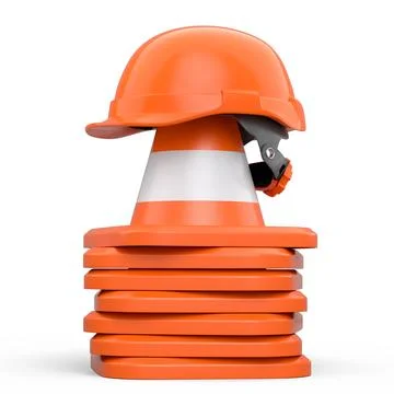 Stack of safety helmets or hard hats and traffic cones on white background Stock Illustration