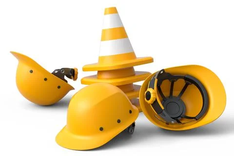 Stack of safety helmets or hard hats and traffic cones on white background 스톡 일러스트