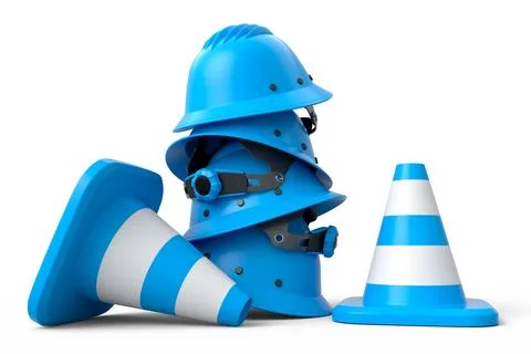 Stack of safety helmets or hard hats and traffic cones on white background Stock Illustration