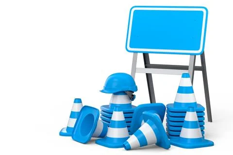 Stack of safety helmets or hard hats and traffic cones on green background Stock Illustration