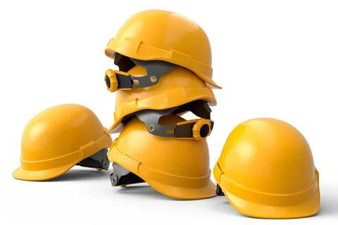 Stack of safety helmets or hard caps for carpentry work on white background Stock Illustration