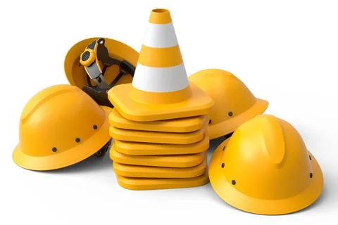 Stack of safety helmets or hard hats and traffic cones on white background Stockillustratie