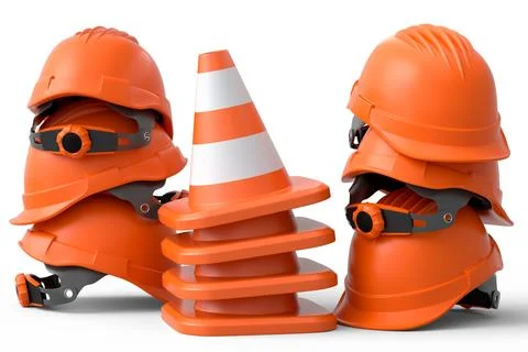 Stack of safety helmets or hard hats and traffic cones on white background Stock Illustration