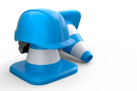 Stack of safety helmets or hard hats and traffic cones on white background Stock Illustration